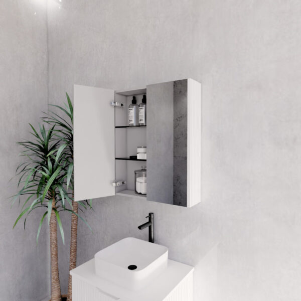 600mm Matt White Fluted Shaving Cabinet -W600xH720xD150