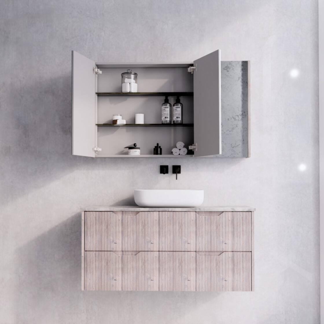 1200mm White Oak Fluted Shaving Cabinet -W1200xH720xD150