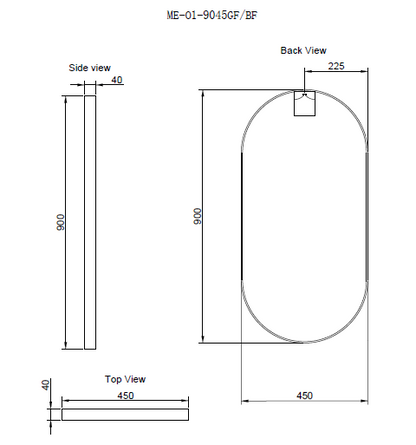 450mm Framed Non-LED - Black - 450 x 900 x 45