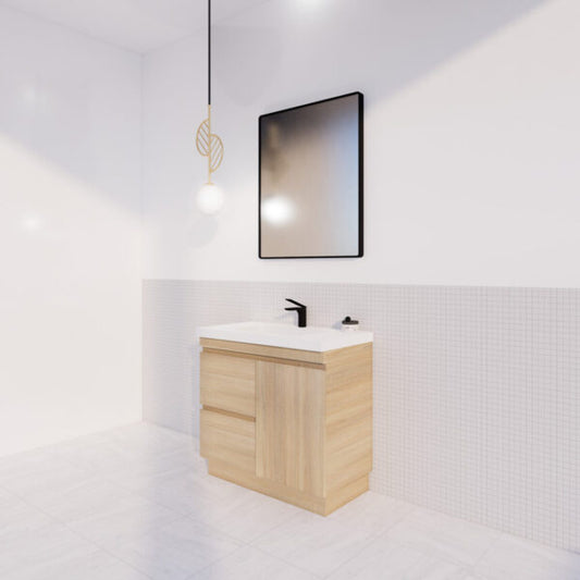 900mm Riva Forest Oak Freestanding Vanity - Left Drawers - MDF - Light oak