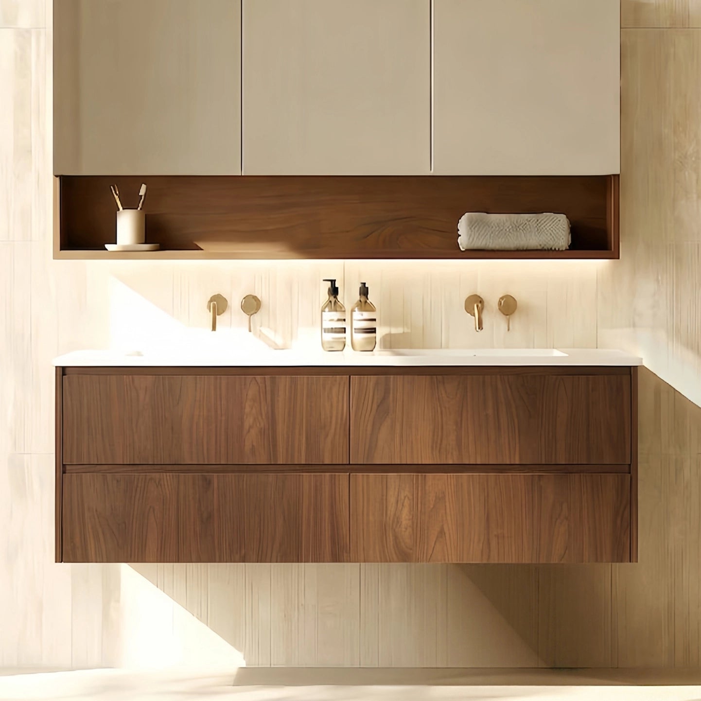 1200mm Gladstone Wall Hung PlywoodDouble Bowl Cabinet - Mocha Oak Woodmatt - Cabinet Only