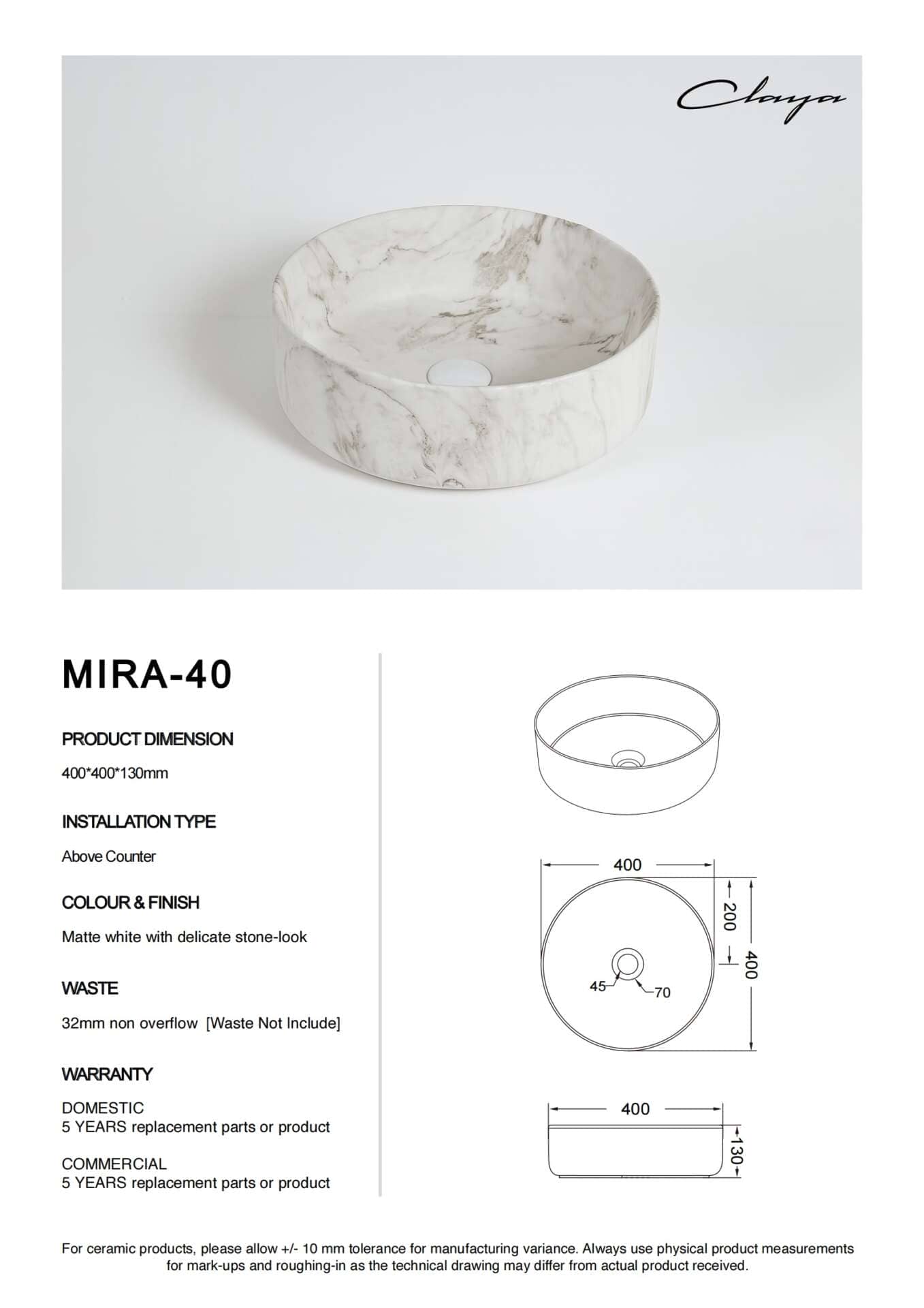 400mm Above Counter Ceramic Basin - Carrara -  Matt White - Round - 400mm | Mira-40