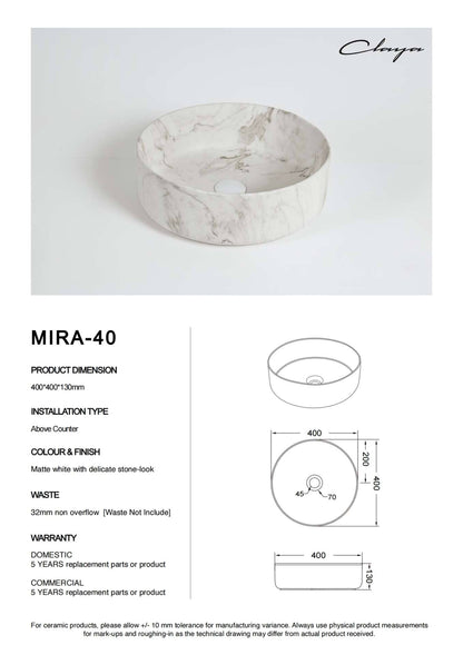 400mm Above Counter Ceramic Basin - Carrara -  Matt White - Round - 400mm | Mira-40