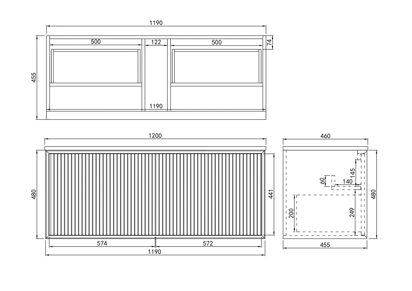1200mm  Kliff Fluted Wall Hung PVC Single or Double  Bowl Cabinet - Matt White - Cabinet Only