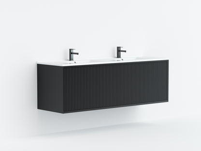 1200mm  Kliff Fluted Wall Hung PVC Single or Double  Bowl Cabinet - Matt Black - Cabinet Only