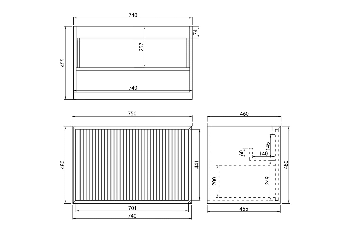 750mm  Kliff Fluted Wall Hung PVC Cabinet - Matt Black - Cabinet Only