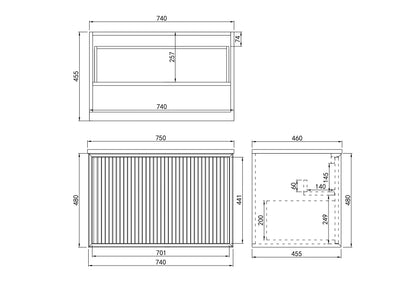 750mm  Kliff Fluted Wall Hung PVC Cabinet - Matt Black - Cabinet Only
