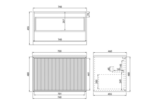 750mm  Kliff Fluted Wall Hung PVC Cabinet - Matt Black - Cabinet Only