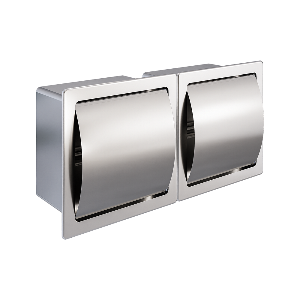 Recessed Double Toilet Roll Holder with Hood in Satin Stainless Steel