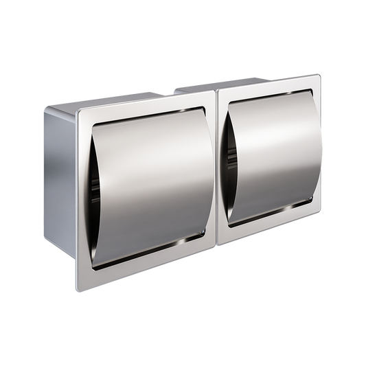 Recessed Double Toilet Roll Holder with Hood in Satin Stainless Steel