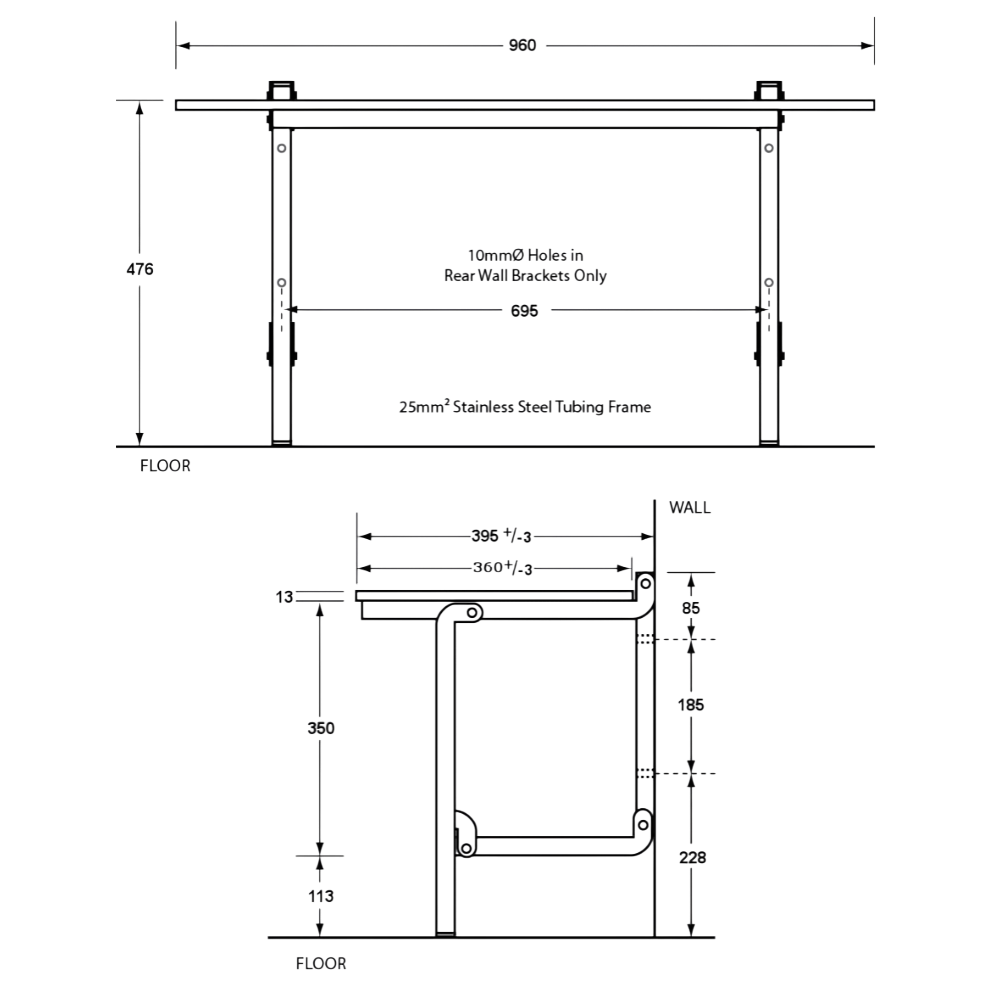 Accessible Folding Shower Seat - 960mmL x 400mmW with 13mm Designer Black Phenolic Seat Top with Handle and Satin Stainless Steel Frame