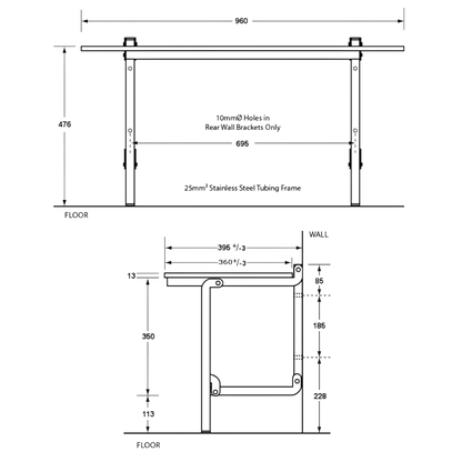 Accessible Folding Shower Seat - 960mmL x 400mmW with 13mm Designer Black Phenolic Seat Top with Handle and Satin Stainless Steel Frame