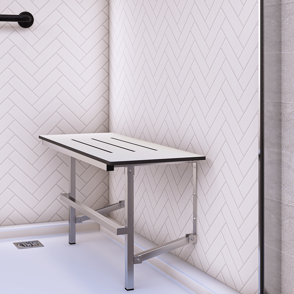 Changing Places Folding Shower Seat – 960mm L x 450mm W with 12mm Phenolic Seat Top with Handle and Satin Stainless Steel Frame