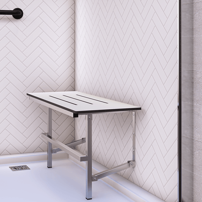 Changing Places Folding Shower Seat – 960mm L x 450mm W with 12mm Phenolic Seat Top with Handle and Satin Stainless Steel Frame