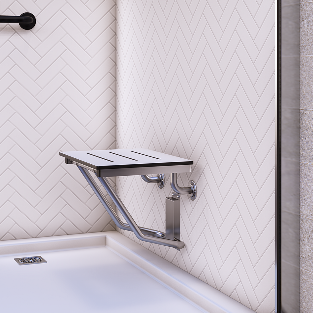 Folding Shower Seat – 470mm W x 445mm D - with a 13mm White Phenolic Seat Top and a Satin Stainless Steel Frame