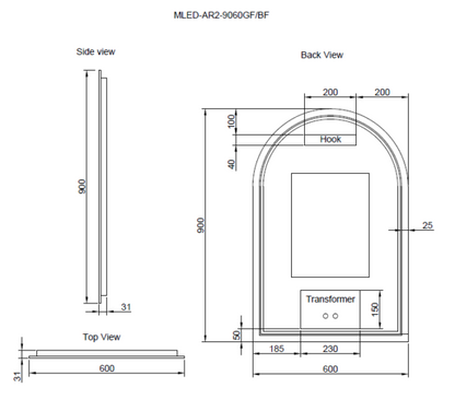 600mm Gold Framed LED Mirror - 600 x 900 x 45