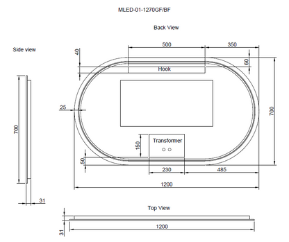 1200mm Brushed Nickel Framed LED Mirror - 1200 x 700 x 45
