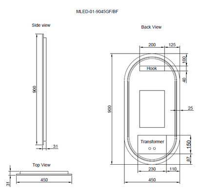 450mm Black Framed LED Mirror - 450 x 900 x 45