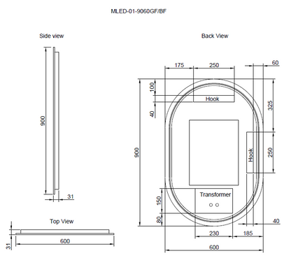600mm Gold Framed LED Mirror - 600 x 900 x 45