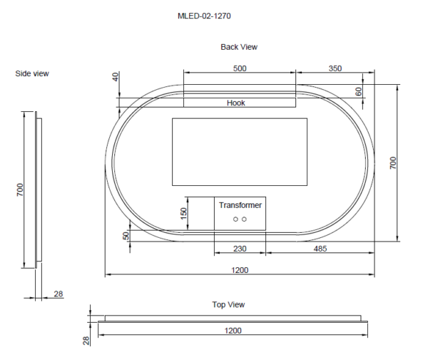 Oval Frameless LED Mirrors 1200x700mm
