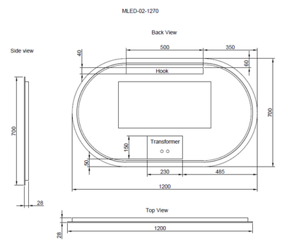 Oval Frameless LED Mirrors 1200x700mm
