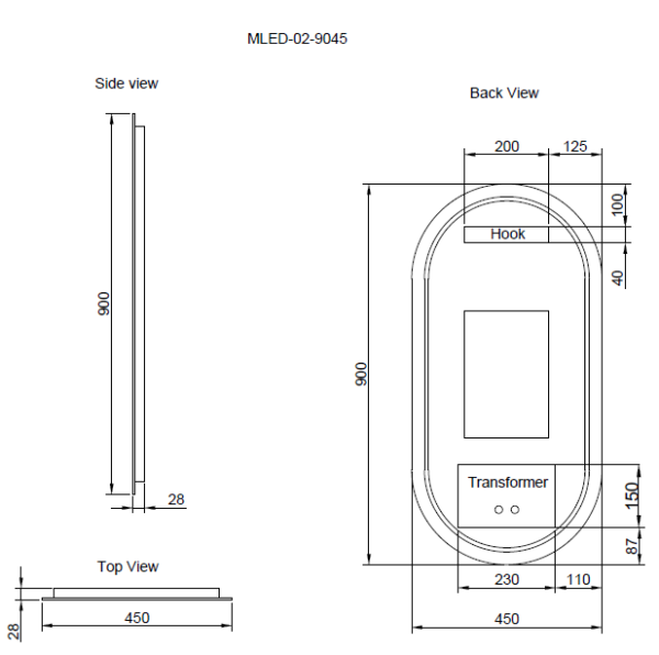 Oval Frameless LED Mirrors 900x450mm