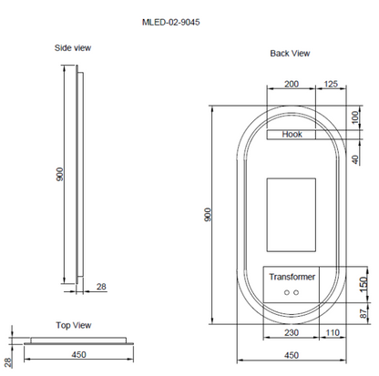 Oval Frameless LED Mirrors 900x450mm