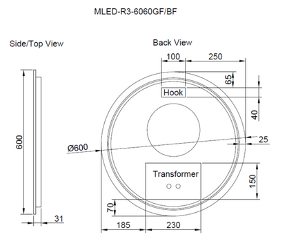 600mm Black Framed LED Mirror - 600 x 600 x 45