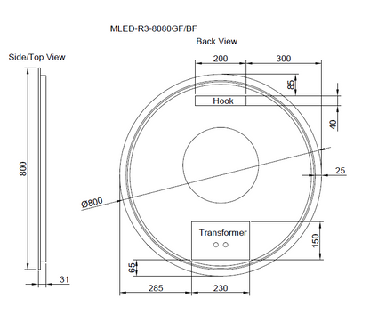 800mm Black Framed LED Mirror - 800 x 800 x 45
