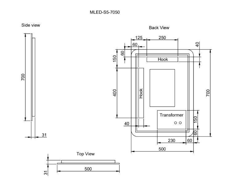 Rectangle Frameless LED Mirrors 500x700mm