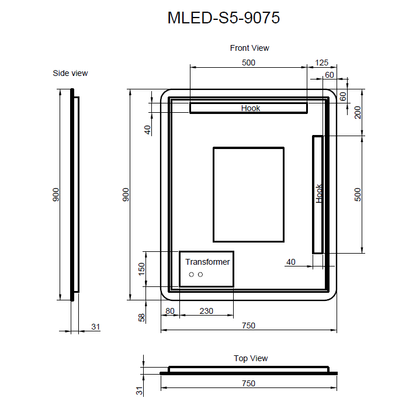 Rectangle LED mirrior frameless 900x750