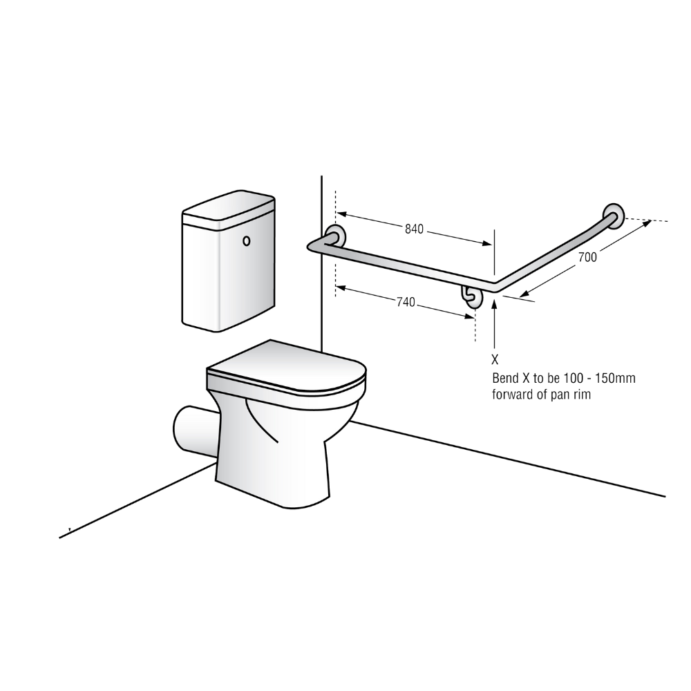 Bariatric 30° Flush Mount Side Wall Left Hand Grab Rail – 840mm x 700mm, Satin Stainless Steel