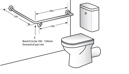 Bariatric 30° Flush Mount Side Wall Right Hand Grab Rail – 840mm x 700mm, Satin Stainless Steel
