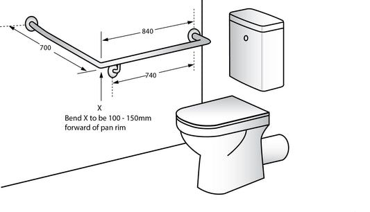 Bariatric 30° Flush Mount Side Wall Right Hand Grab Rail – 840mm x 700mm, Satin Stainless Steel