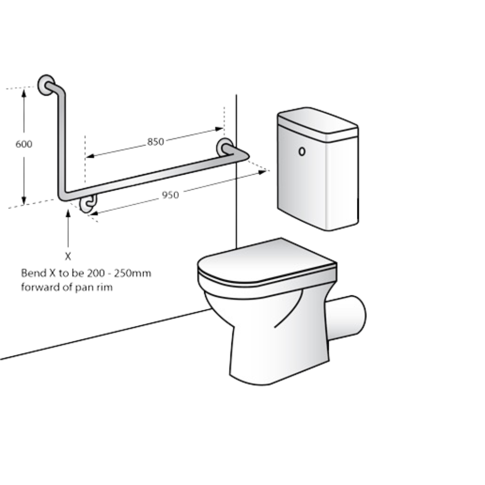 Bariatric 90° Flush Mount Side Wall Right Hand Grab Rail – 950mm x 600mm, Satin Stainless Steel