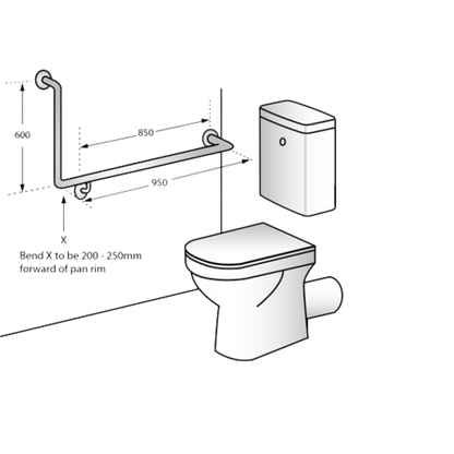 Bariatric 90° Flush Mount Side Wall Right Hand Grab Rail – 950mm x 600mm, Satin Stainless Steel