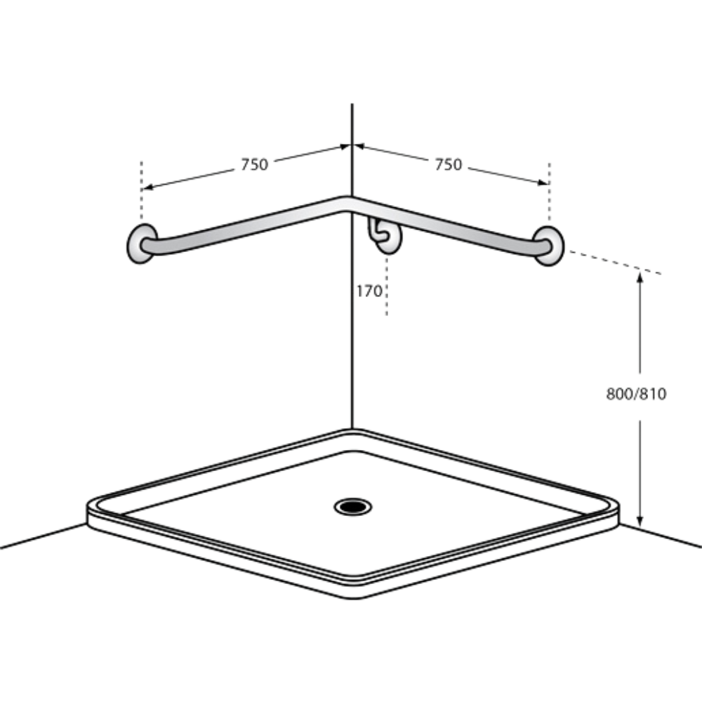 Corner Shower Grab Rail Left Hand - 750mm x 750mm SS