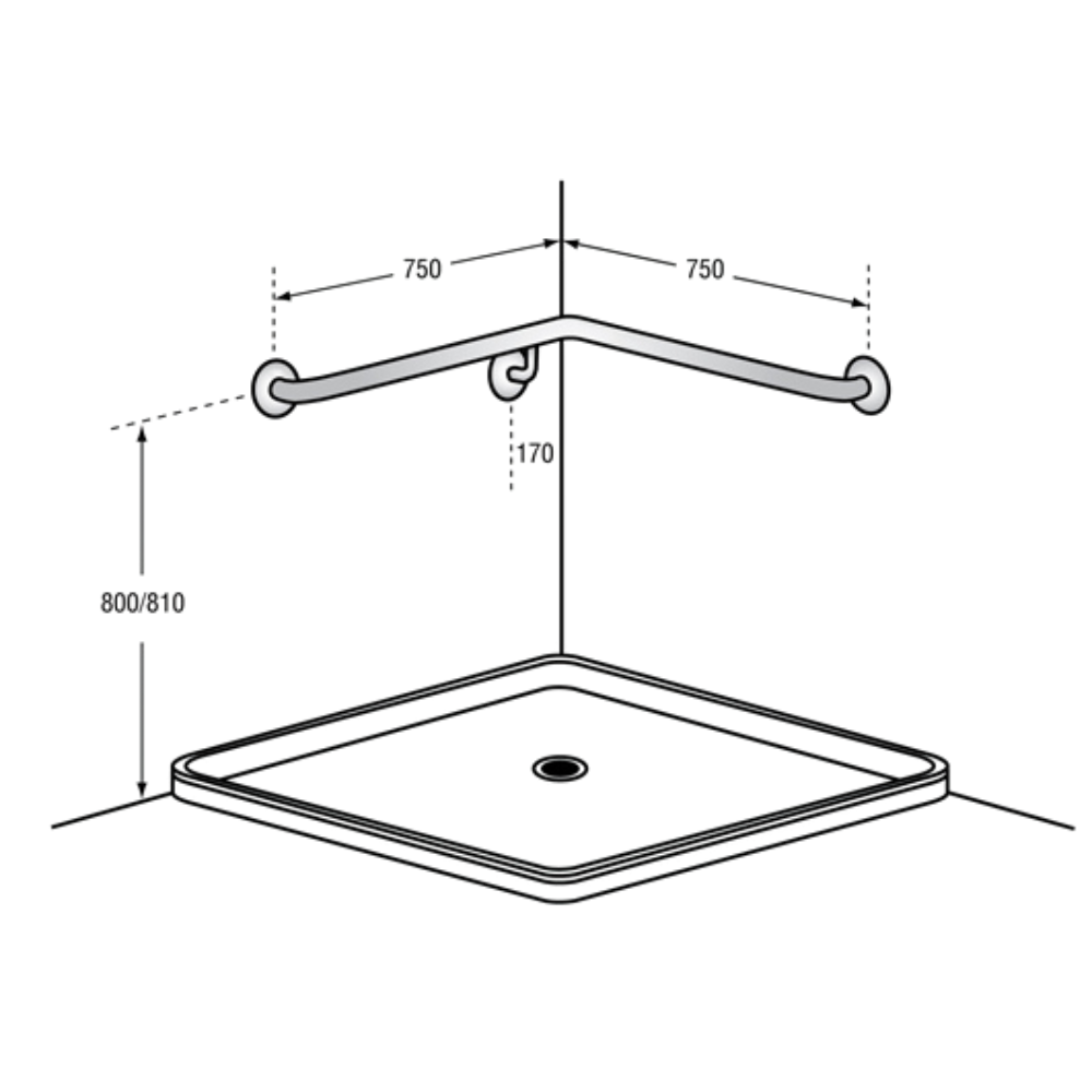 Corner Shower Grab Rail Right Hand - 750mm x 750mm SS