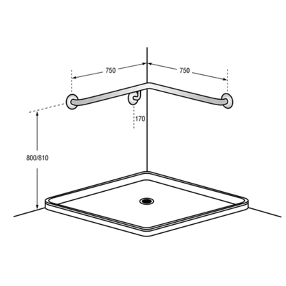 Corner Shower Grab Rail Right Hand - 750mm x 750mm SS
