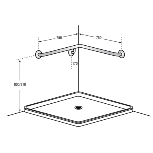Corner Shower Grab Rail Right Hand - 750mm x 750mm SS