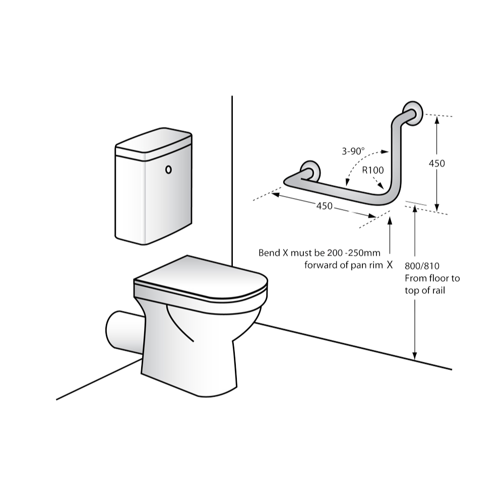 Ambulant 450mm x 450mm Left Hand or Right Hand 90° Grab Rail, Concealed Fix - Designer Black