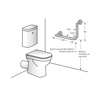 Ambulant 450mm x 450mm Left Hand or Right Hand 90° Grab Rail, Concealed Fix - Designer Black