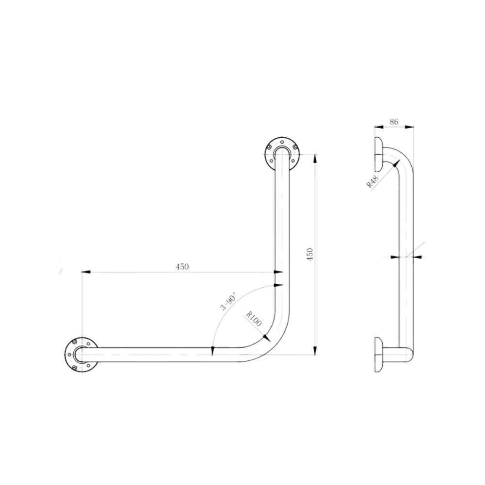 Ambulant 450mm x 450mm Left Hand or Right Hand 90° Grab Rail, Concealed Fix - Designer Black