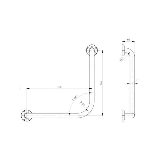 Ambulant 450mm x 450mm Left Hand or Right Hand 90° Grab Rail, Concealed Fix - Designer Black