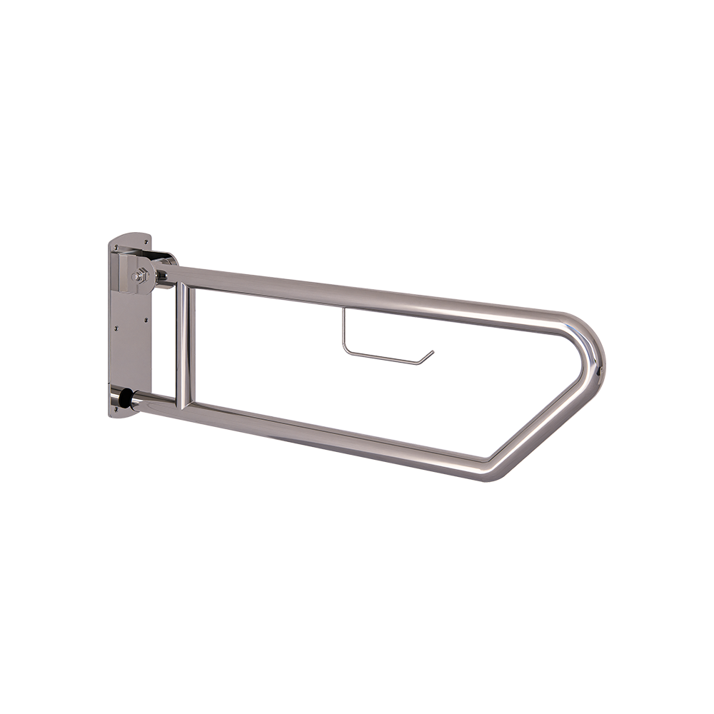 Click- Lock Drop Down Grab Rail with Toilet Roll Holder, Polished Stainless Steel