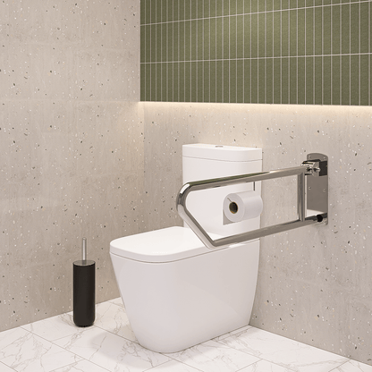 Click- Lock Drop Down Grab Rail with Toilet Roll Holder, Satin Stainless Steel