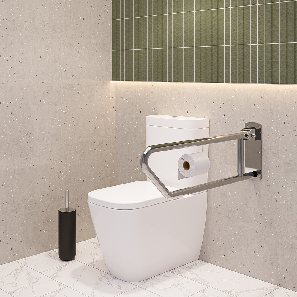 Click- Lock Drop Down Grab Rail with Toilet Roll Holder, Polished Stainless Steel