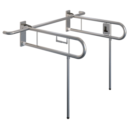 Bariatric Twin Drop Down Grab Rails. Left-Hand Drop Down Rail contains a Nurse Call and Right-Hand Drop Down Rail contains a Toilet Roll Holder in Satin Stainless Steel *Special Order Product