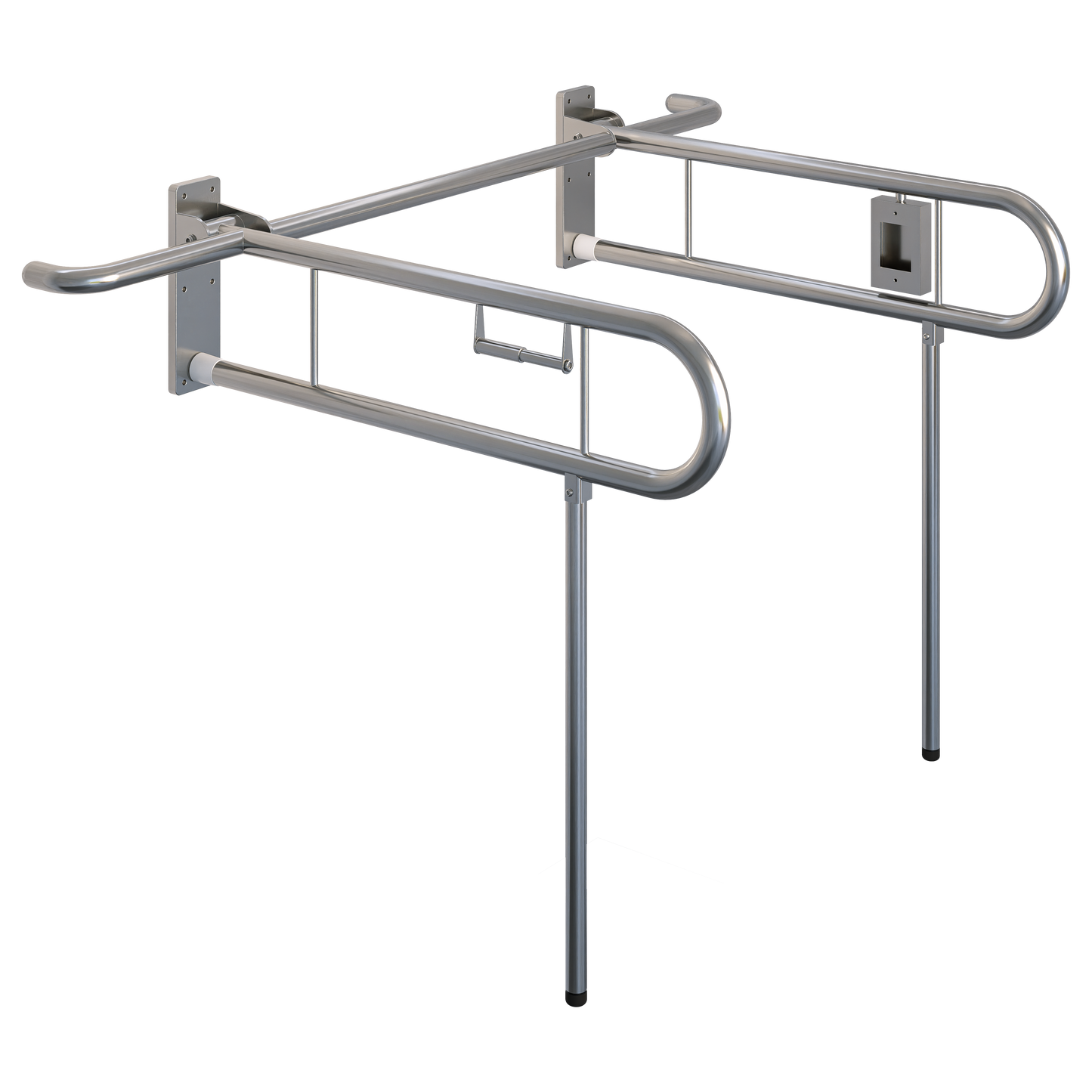 Changing Places Bariatric Twin Drop Down Grab Rails. Left-Hand Drop Down Rail contains a Toilet Roll Holder and Right-Hand Drop Down Rail contains a Nurse Call in Satin Stainless Steel * Special Order Product