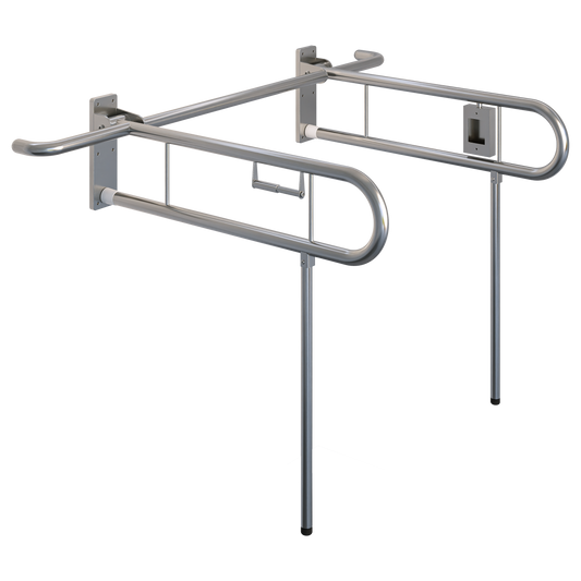 Changing Places Bariatric Twin Drop Down Grab Rails. Left-Hand Drop Down Rail contains a Toilet Roll Holder and Right-Hand Drop Down Rail contains a Nurse Call in Satin Stainless Steel * Special Order Product